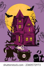 Halloween Scary and Yellow Moon with background, illustration.