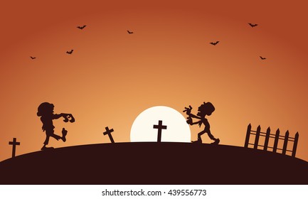 Halloween scary zombie in tomb silhouette illustration