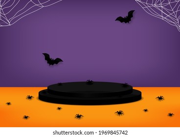 Halloween scene background. Black stage podium decoration with bats flying, spider, spider web. Pedestal scene with for product, advertising, show. Vector illustration.