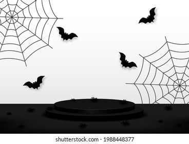 Halloween scene background. Black stage podium decoration with bats flying, spider, spider web. Pedestal scene with for product, advertising, show. White and black. Vector illustration.