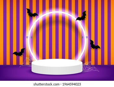 Halloween scene background. Stage podium decorated with round shape lighting, bats, spider web. Pedestal scene with for product, advertising, show, award. Minimal style. Vector illustration.