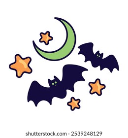 Halloween scene with bats, green crescent moon, and stars, eerie night Vector illustration