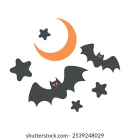 Halloween scene with bats, orange crescent moon, and stars, eerie night Vector illustration