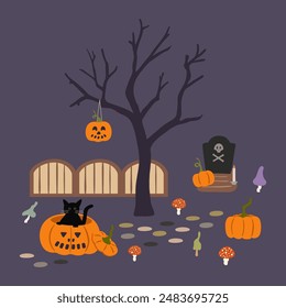 Halloween scene with black cat, pumpkins, grave, spooky tree and toadstool mushrooms. Scary landscape vector illustration for seasonal October 31 designs, print, cards, media posts