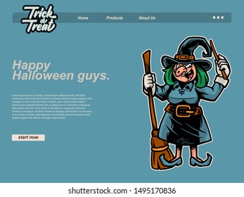 halloween scene by cartoon illustration with a witch is laughing while holding his flying broom and wand. landing page website design template, background and banner