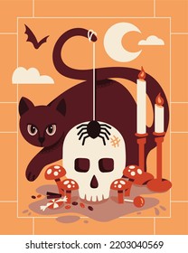 Halloween scene and cat  skull  spider  candles  candy  bat  moon  clouds    mushrooms  Border background  Flat vector eps 