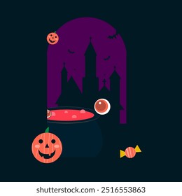 Cena de Halloween, um caldeirão borbulha com um misterioso líquido vermelho, completo com globos oculares flutuantes, enquanto uma silhueta assustadora de um castelo gótico paira no fundo.