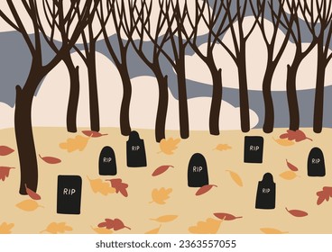 Halloween scene clipart, Spooky decorated door vector illustration, October festival printable poster, Fall landscape print, cemetery with graves background, digital download card, flat style images.