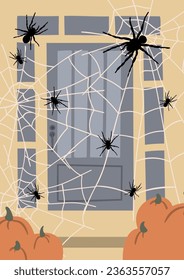 Halloween scene clipart, Spooky decorated door vector illustration, October festival printable poster, Fall landscape print, cemetery with graves background, digital download card, flat style images.
