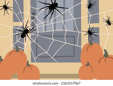Halloween scene clipart, Spooky decorated door vector illustration, October festival printable poster, Fall landscape print, cemetery with graves background, digital download card, flat style images.