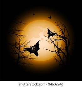 Halloween scene with comic bats swooping down with full moon and bare trees