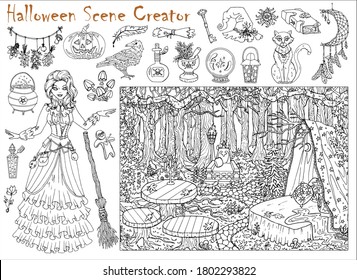 Halloween scene creator set with beautiful witch girl and place in the forest.  Hand drawn vector illustration for coloring page and book. Black and white drawing of mystic landscape and scary object