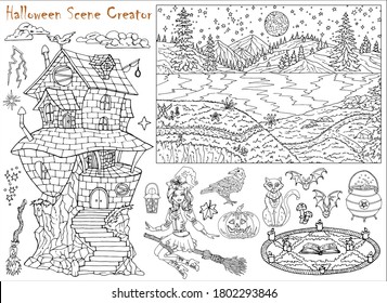 Halloween scene creator with witch girl flying on broom, spooky house and animals. Hand drawn vector illustration for coloring page. Black and white drawing of mystic landscape and scary objects