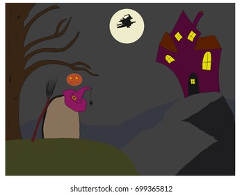 Halloween scene with crooked house witch flying past moon grave stone witches hat and broom