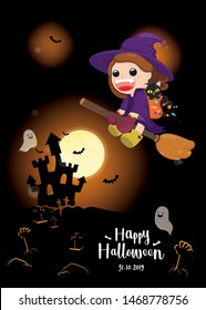 Halloween scene cute witch flying on magic broom with haunted castle at graveyard and full moon on dark background