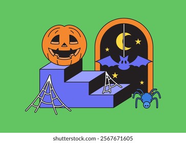 Halloween scene decoration with a smiling pumpkin, spider, bat and stairs for spooky illustration cartoon hand drawn