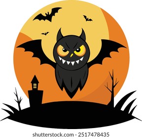  Halloween scene featuring a cartoonish, bat-like creature with sharp teeth