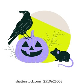 Halloween scene featuring a crow perched on a carved pumpkin, a rat nearby, and bare branches in the background. Flat vector illustration symbolizing spooky and haunted themes.