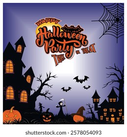 Halloween scene featuring a haunted house, pumpkins, bats, and a spooky background. Perfect for festive, seasonal, and thematic purposes. Flat vector modern illustration 