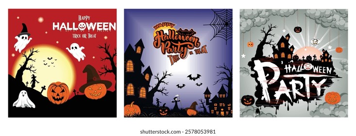 Halloween scene featuring pumpkins, ghosts, a witch, a full moon, and gravestones. Perfect for festive, seasonal, and thematic purposes. Perfect for invitations, flyers or seasonal promotions. 