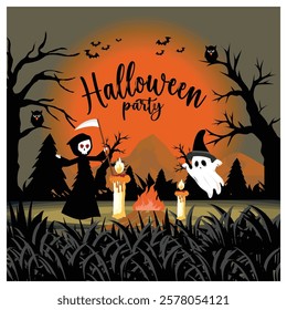 Halloween scene featuring scary characters, glowing candles, haunted landscape, and festive text. Flat vector modern illustration 