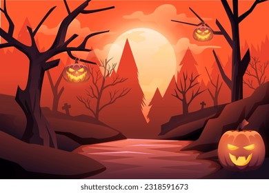 Halloween Scene Flat Design Illustration