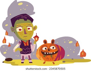 Halloween Scene With Frankenstein and Monster Pumpkin