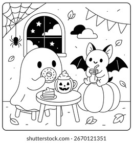 Eine Halloween-Szene mit einer Geisterfledermaus und Kürbis-Malvorlage