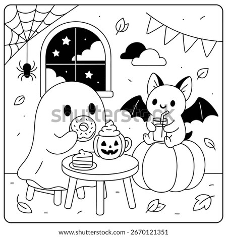 A halloween scene with a ghost bat and pumpkin coloring page