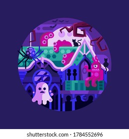 Halloween scene with ghost house by night. Gothic haunted mansion icon with spooks, monster tentacles and black cats by full moon. Monster party concept.