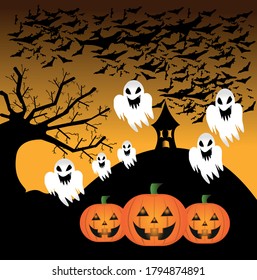 escena de halloween con garrotes de calabazas fantasmas y una pequeña casa embrujada