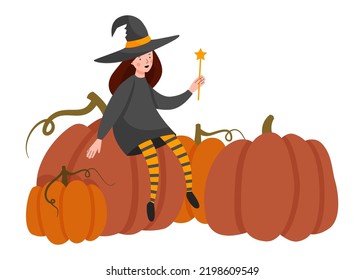 Halloween scene. A girl dressed as a witch sits on a large pumpkin. Vector flat illustration.