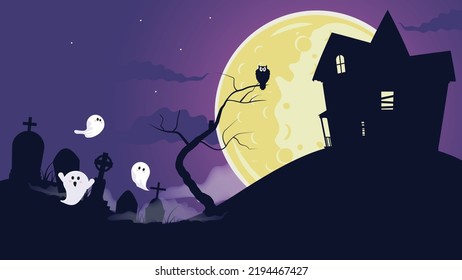 Halloween scene of a haunted house on the hill with a giant moon and ghosts, an old house with a graveyard, an owl over a spooky tree, a graveyard at night with myst, spooky Halloween scene.