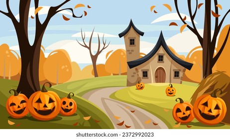 Halloween scene with a haunted house, trees, and jack-o-lanterns (Halloween pumpkins). Autumn landscape. Greeting card design. Vector illustration. Handmade illustration, not AI