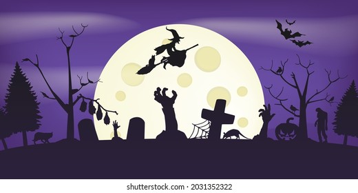 Halloween Scene Illustration Background. Vector Clip Art Holiday Horror Graveyard Wallpaper.