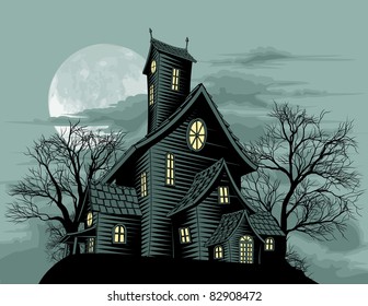 Halloween scene. Illustration of a spooky haunted ghost house