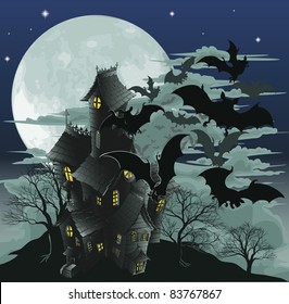 Halloween scene. Illustration of a spooky haunted ghost house with bats flying out of it against the moon.