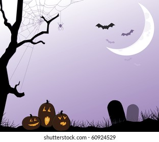 Escena de Halloween con Jack O'Lanterns, viejos árboles, murciélagos y lápidas.