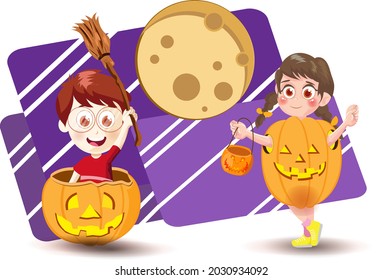 
Halloween scene with kids disguised pumpkin Vector design