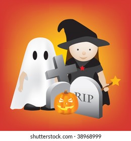 halloween scene with kids as ghosts and witches
