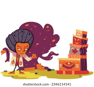 Escena de Halloween con monstruo y caja