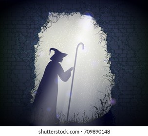 Halloween scene, old witch with fairy way in old brick wall with lights and sparkles and plant, vector