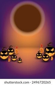 Halloween scene, party of Jack O Lantern pumpkin and candle, Happy Halloween night party background, elements for scary night decoration. Full moon in the dark sky, Place for text. Eps 10 vector