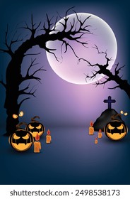 Escena de Halloween, fiesta de calabaza y vela Jack O Lantern, feliz fondo de fiesta de noche de Halloween, Elementos para la decoración de la noche de miedo. Luna llena en el cielo oscuro, lugar para el texto. Vector Eps 10