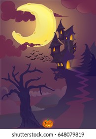 Halloween scene with pumpkin castle hill and fog, halloween night with bats and moon