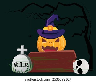 Halloween scene with a pumpkin in a witch hat, skull, grave stone, and wooden board by a spooky tree