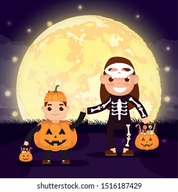 halloween scene with pumpkins and kid disguised katrina vector illustration design