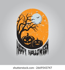 Halloween scene with pumpkins, moon, and spooky tree