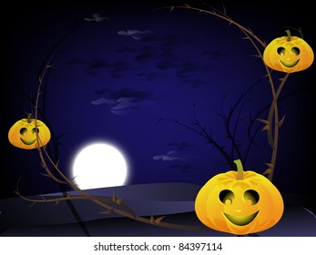 Halloween scene with pumpkins on a tree