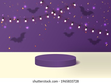 Halloween Scene Room Background. Stage 3d Podium Base Decorated With Bats, Decorative Light, Confetti. Pedestal Scene With For Product, Advertising, Show, Award. Halloween Party. Vector Illustration.